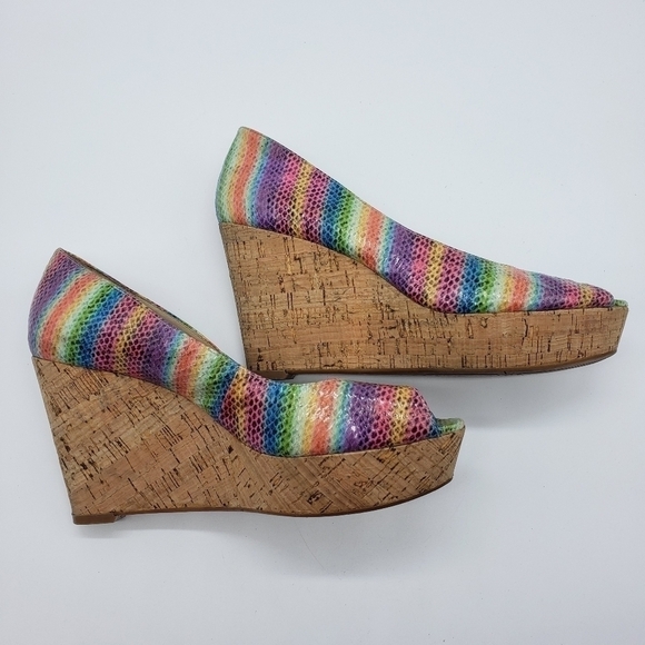 nine West women US 9 rainbow wedge heels Cheerful-30 open toe cork vegan PRIDE - Picture 6 of 12